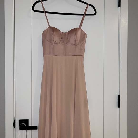 NEW Lulus Best Part of Me Blush Satin Bustier Chiffon Maxid Dress Gown Size XS - Picture 4 of 11